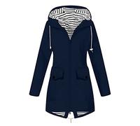 Keepink Ladies Raincoats with Hoods Waterproof Plus Size Jackets Solid/Striped Lined Mid Length Zip Up Windbreaker Light Weight Casual Trench Coats for Outdoor Active Hiking Travel