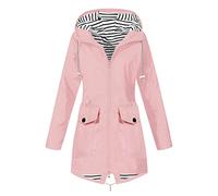 Keepink Ladies Raincoats with Hoods Waterproof Plus Size Jackets Solid/Striped Lined Mid Length Zip Up Windbreaker Light Weight Casual Trench Coats for Outdoor Active Hiking Travel