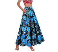 Keepink Ladies Summer Skirts Womens Floral Print High Waist Bohemian Maxi Skirt Elastic Waist with Pockets Ruffled Hem Flowy A-Line Skirt for Festival Beach Holidays Parties UK