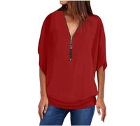 Keepink Ladies Summer Tops Womens Short Sleeve Loose Half Zip V Neck T Shirts Casual Solid Tunic Tee Blouses Elegant Party Shirts Chiffon Pullover Occasion Tops UK Sale