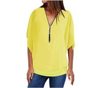 Keepink Ladies Summer Tops Womens Short Sleeve Loose Half Zip V Neck T Shirts Casual Solid Tunic Tee Blouses Elegant Party Shirts Chiffon Pullover Occasion Tops UK Sale