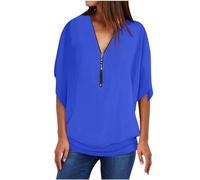 Keepink Ladies Summer Tops Womens Short Sleeve Loose Half Zip V Neck T Shirts Casual Solid Tunic Tee Blouses Elegant Party Shirts Chiffon Pullover Occasion Tops UK Sale
