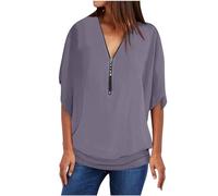 Keepink Ladies Summer Tops Womens Short Sleeve Loose Half Zip V Neck T Shirts Casual Solid Tunic Tee Blouses Elegant Party Shirts Chiffon Pullover Occasion Tops UK Sale