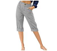 Keepink Ladies Summer Trousers Size 8-18 UK Casual Cotton Linen Capris Pants Loose Fit Straight Leg 3/4 Trouser Pull on Elasticated Waist Bottoms with Pockets Holiday Beach Shorts