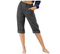 Keepink Ladies Summer Trousers Size 8-18 UK Casual Cotton Linen Capris Pants Loose Fit Straight Leg 3/4 Trouser Pull on Elasticated Waist Bottoms with Pockets Holiday Beach Shorts