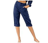 Keepink Ladies Summer Trousers Size 8-18 UK Casual Cotton Linen Capris Pants Loose Fit Straight Leg 3/4 Trouser Pull on Elasticated Waist Bottoms with Pockets Holiday Beach Shorts