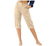 Keepink Ladies Summer Trousers Size 8-18 UK Casual Cotton Linen Capris Pants Loose Fit Straight Leg 3/4 Trouser Pull on Elasticated Waist Bottoms with Pockets Holiday Beach Shorts