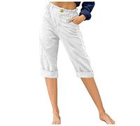 Keepink Ladies Summer Trousers Size 8-18 UK Casual Cotton Linen Capris Pants Loose Fit Straight Leg 3/4 Trouser Pull on Elasticated Waist Bottoms with Pockets Holiday Beach Shorts