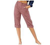 Keepink Ladies Summer Trousers Size 8-18 UK Casual Cotton Linen Capris Pants Loose Fit Straight Leg 3/4 Trouser Pull on Elasticated Waist Bottoms with Pockets Holiday Beach Shorts