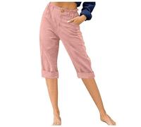 Keepink Ladies Summer Trousers Size 8-18 UK Casual Cotton Linen Capris Pants Loose Fit Straight Leg 3/4 Trouser Pull on Elasticated Waist Bottoms with Pockets Holiday Beach Shorts