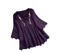 Keepink Ladies Tops 16-30 Cotton Linen Embroidered Tops 3/4 Sleeve Summer Blouses Dressy Shirts Lace Tees Baggy Long Tunic T Shirts Boho Peasant Blouse Trendy Clothes UK Sale Clearance