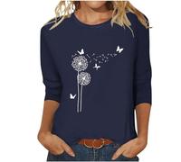 Keepink Ladies Tops 3/4 Sleeve T-Shirts Crew Neck Loose Casual Blouses Floral Dandelion Print Tshirts Elegant Three Quarter Sleeve Jumpers Dressy Tunic Shirts Comfort Sweatshirt UK
