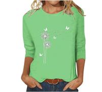 Keepink Ladies Tops 3/4 Sleeve T-Shirts Crew Neck Loose Casual Blouses Floral Dandelion Print Tshirts Elegant Three Quarter Sleeve Jumpers Dressy Tunic Shirts Comfort Sweatshirt UK