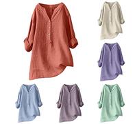 Keepink Ladies Tops Cotton Linen Pullover Tunic Blouses Plain Henry T Shirts Womens Casual V Neck Long Sleeve Blouse Elegant Dressy Casual Shirts Loose Long Top for Leggings Large Size