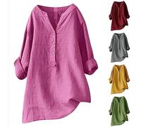 Keepink Ladies Tops Cotton Linen Pullover Tunic Blouses Plain Henry T Shirts Womens Casual V Neck Long Sleeve Blouse Elegant Dressy Casual Shirts Loose Long Top for Leggings Large Size