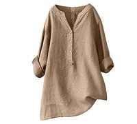 Keepink Ladies Tops Cotton Linen Pullover Tunic Blouses Plain Henry T Shirts Womens Casual V Neck Long Sleeve Blouse Elegant Dressy Casual Shirts Loose Long Top for Leggings Large Size