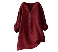 Keepink Ladies Tops Cotton Linen Pullover Tunic Blouses Plain Henry T Shirts Womens Casual V Neck Long Sleeve Blouse Elegant Dressy Casual Shirts Loose Long Top for Leggings Large Size