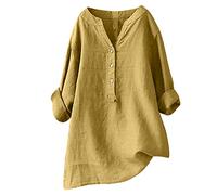 Keepink Ladies Tops Cotton Linen Pullover Tunic Blouses Plain Henry T Shirts Womens Casual V Neck Long Sleeve Blouse Elegant Dressy Casual Shirts Loose Long Top for Leggings Large Size