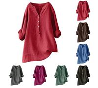 Keepink Ladies Tops Cotton Linen Pullover Tunic Blouses Plain Henry T Shirts Womens Casual V Neck Long Sleeve Blouse Elegant Dressy Casual Shirts Loose Long Top for Leggings Large Size