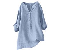 Keepink Ladies Tops Cotton Linen Pullover Tunic Blouses Plain Henry T Shirts Womens Casual V Neck Long Sleeve Blouse Elegant Dressy Casual Shirts Loose Long Top for Leggings Large Size