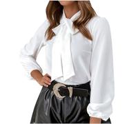 Keepink Ladies Tops Dressy Casual Blouse Silk Satin Work Shirt Solid Mock Neck Long Sleeve Shirts Bow Tie Front Shirt Elegant Button Down Tunic Top for Work Office Business