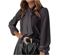 Keepink Ladies Tops Dressy Casual Blouse Silk Satin Work Shirt Solid Mock Neck Long Sleeve Shirts Bow Tie Front Shirt Elegant Button Down Tunic Top for Work Office Business