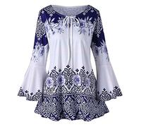 Keepink Ladies Tops Plus Size Vintage Floral Printed Tshirts Keyhole Drawstring Blouse Loose Fit Tunic Tops Summer Elegant Long Flare Sleeve Shirts 70S Boho Outfits S-5XL