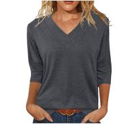Keepink Ladies Tops UK 3/4 Length Sleeve Tunic Top Loose V Neck T-Shirts Solid Basic Tees Business Casual Tunic Blouses Work Dressy Pullover Tees Going Out Summer Clothes Clearance