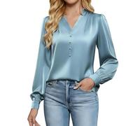 Keepink Ladies Tops UK Soft Satin Blouses for Women Silk Button Down Shirts Puff Long Sleeve Business Casual Top Elegant V-Neck Blouse Vintage Office Work Shirt Going Out Outfits