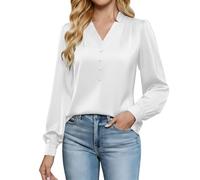 Keepink Ladies Tops UK Soft Satin Blouses for Women Silk Button Down Shirts Puff Long Sleeve Business Casual Top Elegant V-Neck Blouse Vintage Office Work Shirt Going Out Outfits