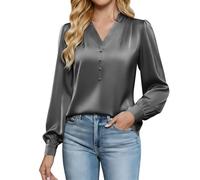 Keepink Ladies Tops UK Soft Satin Blouses for Women Silk Button Down Shirts Puff Long Sleeve Business Casual Top Elegant V-Neck Blouse Vintage Office Work Shirt Going Out Outfits