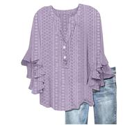 Keepink Ladies Tops V Neck 3/4 Butterfly Sleeve Lace Shirt Summer Henley Shirts Comfy Soft Eyelet Tees Dressy Causal Work Blouses Oversized Long Top to Wear with Leggings Sale