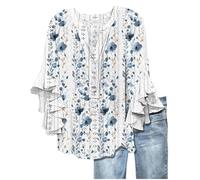 Keepink Ladies Tops V Neck 3/4 Butterfly Sleeve Lace Shirt Summer Henley Shirts Comfy Soft Eyelet Tees Dressy Causal Work Blouses Oversized Long Top to Wear with Leggings Sale