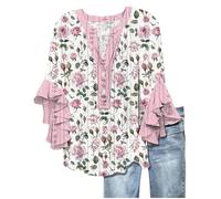 Keepink Ladies Tops V Neck 3/4 Butterfly Sleeve Lace Shirt Summer Henley Shirts Comfy Soft Eyelet Tees Dressy Causal Work Blouses Oversized Long Top to Wear with Leggings Sale