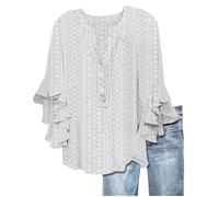 Keepink Ladies Tops V Neck 3/4 Butterfly Sleeve Lace Shirt Summer Henley Shirts Comfy Soft Eyelet Tees Dressy Causal Work Blouses Oversized Long Top to Wear with Leggings Sale