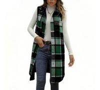 Keepink Ladies Tweed Waistcoat Flannel Plaid Gilet Collared Button Front Vest Tops Checkered Sleeveless Jackets Long Outerwear with Pocket Elegant Shacket for Work Smart Casual Occasions