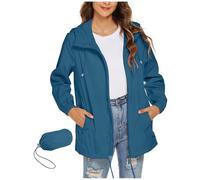 Keepink Lightweight Waterproof Jacket Women Rain Jackets Loose Zipper Windbreaker with Pockets Packable Hooded Raincoats Long Sleeve Trench Coats Outdoor Hiking Travel Outerwear