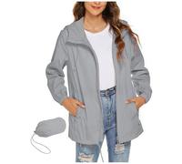 Keepink Lightweight Waterproof Jacket Women Rain Jackets Loose Zipper Windbreaker with Pockets Packable Hooded Raincoats Long Sleeve Trench Coats Outdoor Hiking Travel Outerwear