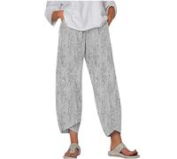 Keepink Linen 3/4 Cropped Trousers Womens Elasticated Waist Harem Pants Boho Print Bottoms Wide Leg Joggers with Pockets Ladies Summer Trousers Baggy Sweatpants Plus Size 8/22 UK