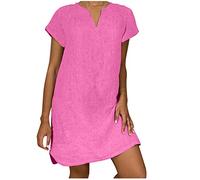 Keepink Linen Dresses for Women UK Plus Size Dress Plain Summer Dress Casual V Neck Short Sleeve Dresses Knee-Length T Shirts Dresses Beach Dress Loose Tunic Dress Shift Dresses