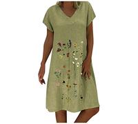 Keepink Linen Dresses for Women UK Plus Size Dress Plain Summer Dress Casual V Neck Short Sleeve Dresses Knee-Length T Shirts Dresses Beach Dress Loose Tunic Dress Shift Dresses