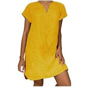 Keepink Linen Dresses for Women UK Plus Size Dress Plain Summer Dress Casual V Neck Short Sleeve Dresses Knee-Length T Shirts Dresses Beach Dress Loose Tunic Dress Shift Dresses