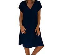 Keepink Linen Dresses for Women UK Plus Size Dress Plain Summer Dress Casual V Neck Short Sleeve Dresses Knee-Length T Shirts Dresses Beach Dress Loose Tunic Dress Shift Dresses
