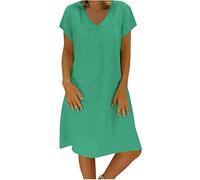 Keepink Linen Dresses for Women UK Plus Size Dress Plain Summer Dress Casual V Neck Short Sleeve Dresses Knee-Length T Shirts Dresses Beach Dress Loose Tunic Dress Shift Dresses