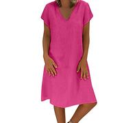 Keepink Linen Dresses for Women UK Plus Size Dress Plain Summer Dress Casual V Neck Short Sleeve Dresses Knee-Length T Shirts Dresses Beach Dress Loose Tunic Dress Shift Dresses