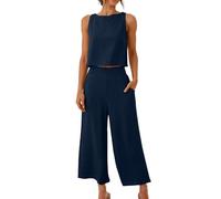 Keepink Linen Sets for Women 2 Piece Outfits Sleeveless Crop Tops + Capri Wide Leg Pants Summer Co Ord Set Women's Trouser Suits Tracksuits Loungewear Beach Travel Sets Plus Size