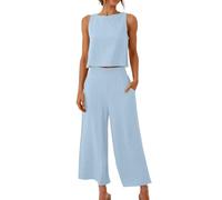 Keepink Linen Sets for Women 2 Piece Outfits Sleeveless Crop Tops + Capri Wide Leg Pants Summer Co Ord Set Women's Trouser Suits Tracksuits Loungewear Beach Travel Sets Plus Size