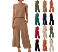 Keepink Linen Sets for Women 2 Piece Outfits Sleeveless Crop Tops + Capri Wide Leg Pants Summer Co Ord Set Women's Trouser Suits Tracksuits Loungewear Beach Travel Sets Plus Size