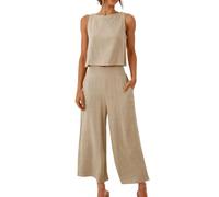 Keepink Linen Sets for Women 2 Piece Outfits Sleeveless Crop Tops + Capri Wide Leg Pants Summer Co Ord Set Women's Trouser Suits Tracksuits Loungewear Beach Travel Sets Plus Size