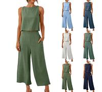 Keepink Linen Sets for Women 2 Piece Outfits Sleeveless Crop Tops + Capri Wide Leg Pants Summer Co Ord Set Women's Trouser Suits Tracksuits Loungewear Beach Travel Sets Plus Size